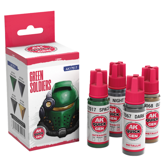 AK Interactive Quick Gen Green Soldiers paint set of four 18 ml bottles: Space Green, Night Black, Dark Steel, Old Gold
