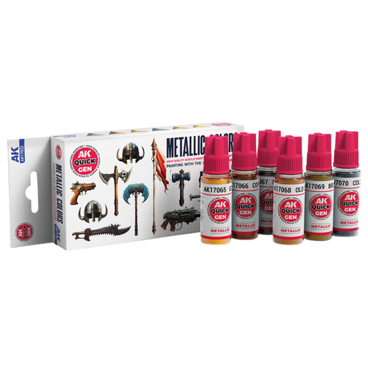 AK Interactive Quick Gen Metallics paint set with six 18 ml bottles—Gold, Copper, Dark Steel, Old Gold, Bronze, Cold Steel—for metallic miniature detailing