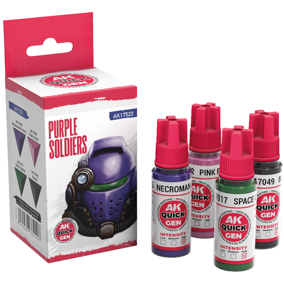 AK Interactive Quick Gen Purple Soldiers paint set with four 18 ml bottles—Necromancer Purple, Pink Flesh, Space Green, Black—for miniature painting