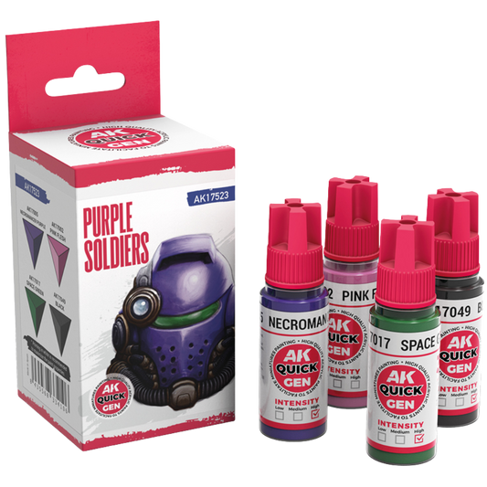 AK Interactive Quick Gen Purple Soldiers paint set with four 18 ml bottles—Necromancer Purple, Pink Flesh, Space Green, Black—for miniature painting