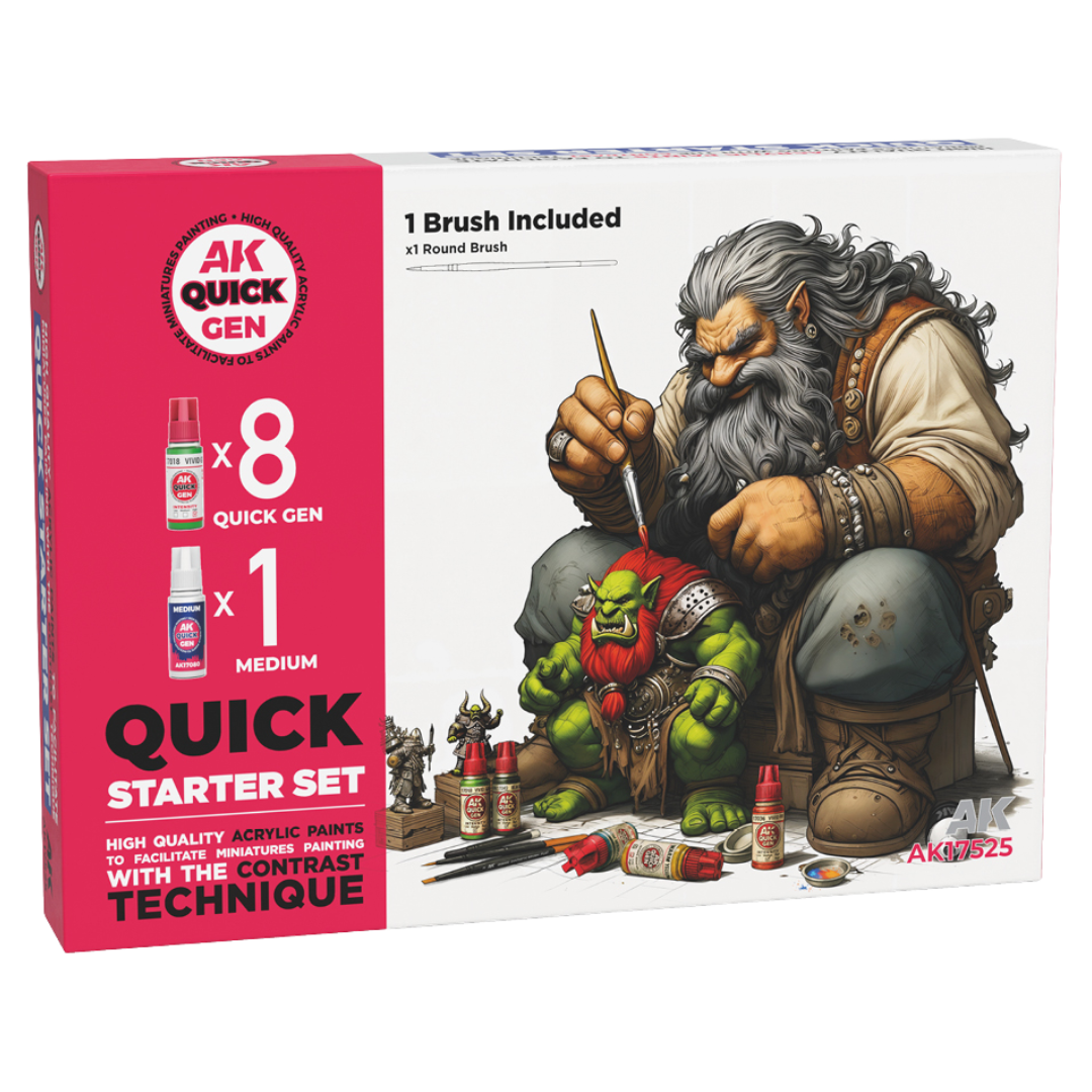 AK Interactive Quick Gen Quick Starter Set with eight 18 ml paints, medium, and a synthetic round brush for miniature painting