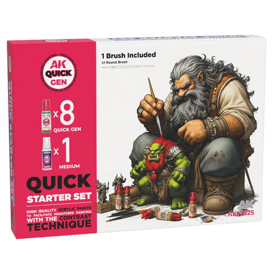 AK Interactive Quick Gen Quick Starter Set with eight 18 ml paints, medium, and a synthetic round brush for miniature painting