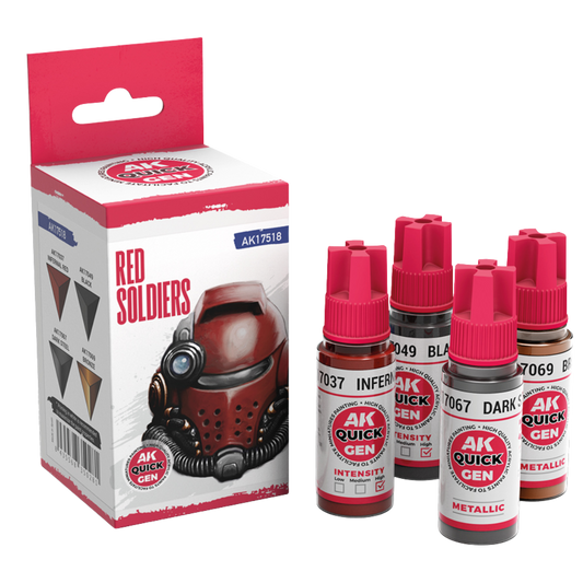 AK Interactive Quick Gen Red Soldiers paint set with four jars—Infernal Red, Black, Dark Steel, Bronze—for miniature figures