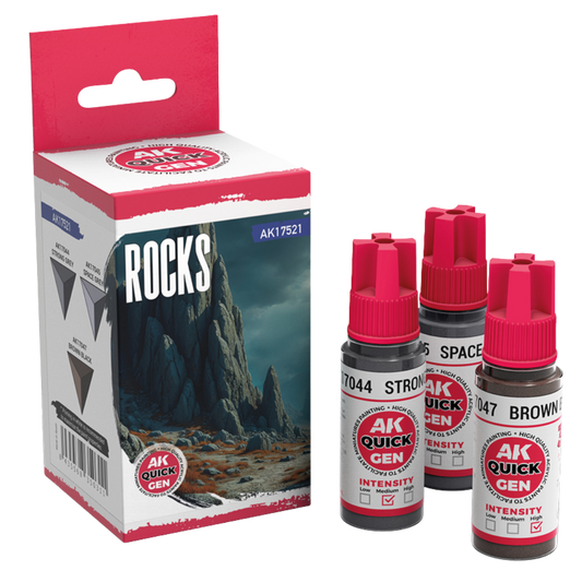 AK Interactive Quick Gen Rocks paint set with three 18 ml bottles—Strong Grey, Space Grey, Brown Black—for rocky scenery painting
