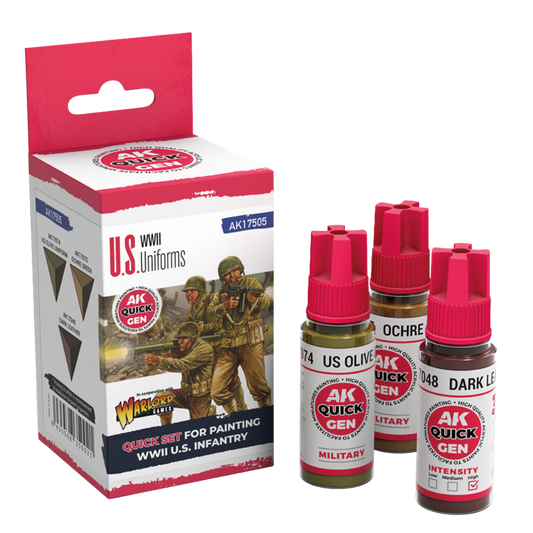 AK Interactive Quick Gen U.S. Uniforms paint set 18ml bottles – US Olive, Ochre Green, Dark Leather