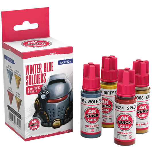 AK Interactive Quick Gen Winter Blue Soldiers paint set with four 18 ml bottles—Wolf Blue Grey, Dirty Yellow, Space Red, Old Gold—for snowy miniature schemes