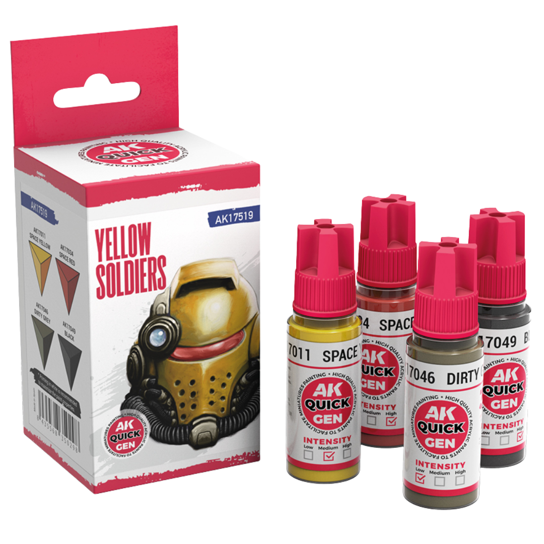 AK Interactive Quick Gen Yellow Soldiers paint set with four 18 ml bottles—Space Yellow, Space Red, Dirty Grey, Black—for miniature painting