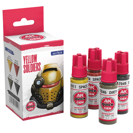 AK Interactive Quick Gen Yellow Soldiers paint set with four 18 ml bottles—Space Yellow, Space Red, Dirty Grey, Black—for miniature painting