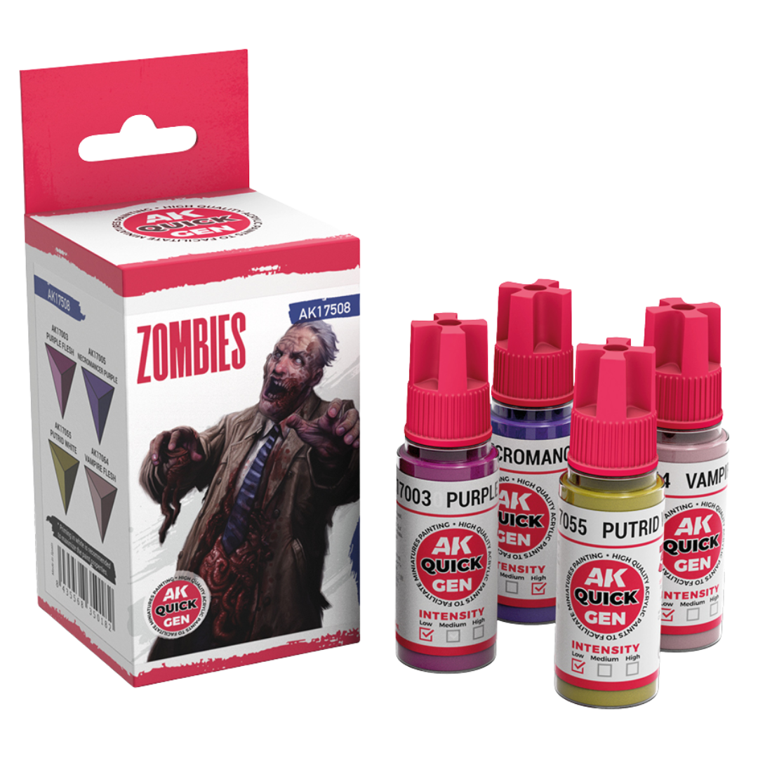AK Interactive Quick Gen Zombies set of four 18 ml contrast-style acrylic paints for decayed flesh effects