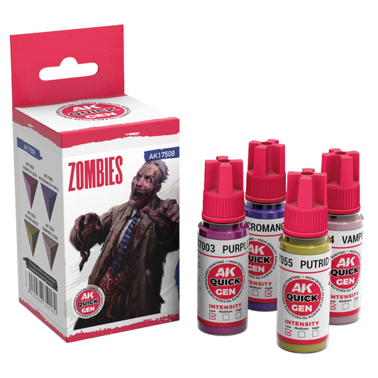 AK Interactive Quick Gen Zombies set of four 18 ml contrast-style acrylic paints for decayed flesh effects
