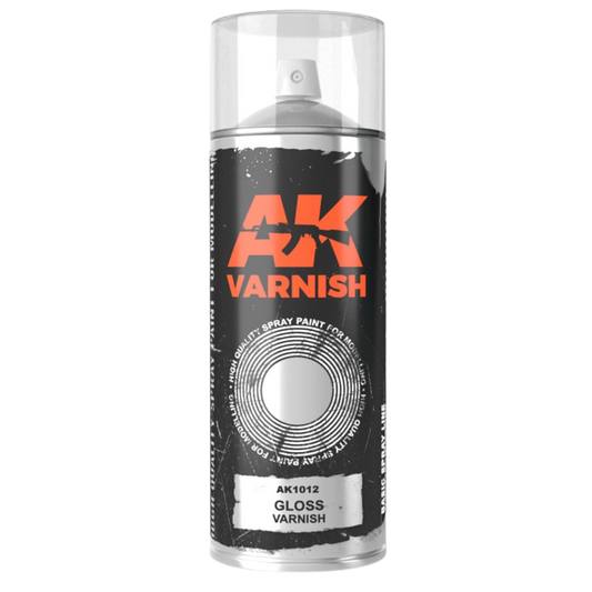 AK Interactive gloss varnish spray can, 400 ml, with dual diffusers for glossy model finishing