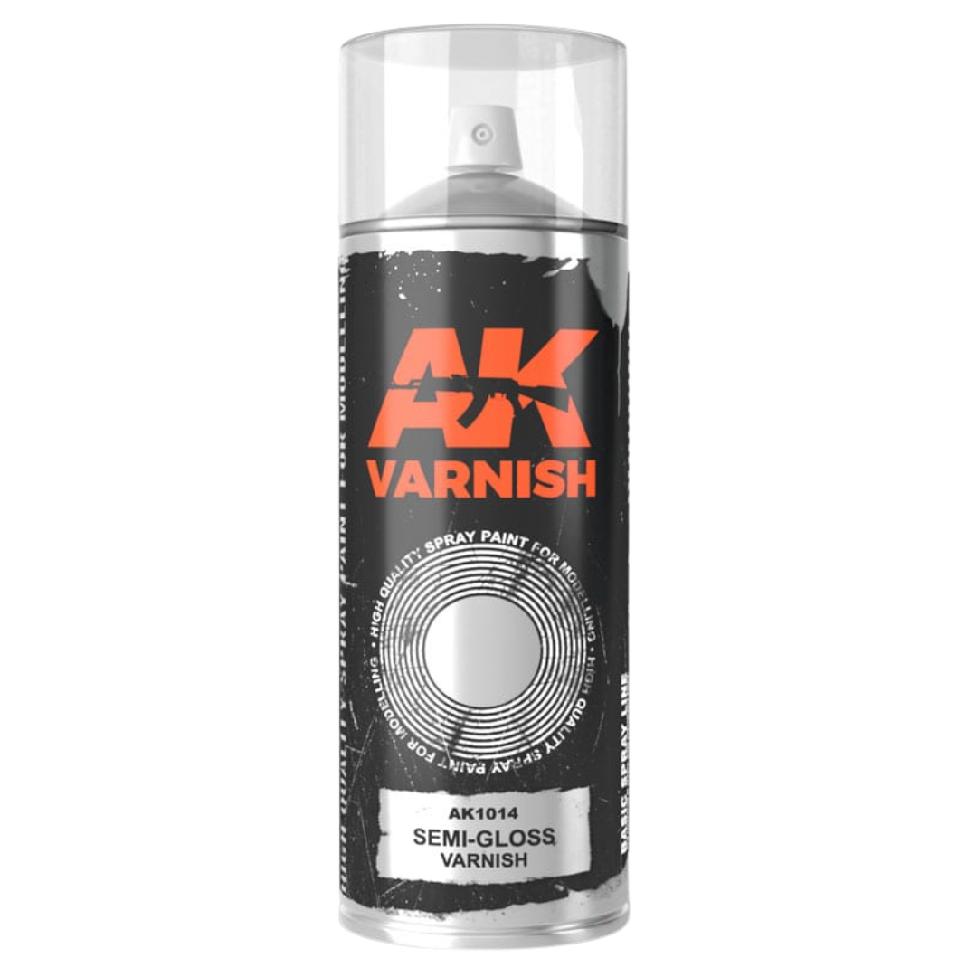 AK Interactive semi-gloss varnish spray can, 400 ml, with standard and fine diffusers for satin finish modeling