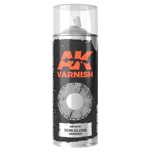 AK Interactive semi-gloss varnish spray can, 400 ml, with standard and fine diffusers for satin finish modeling