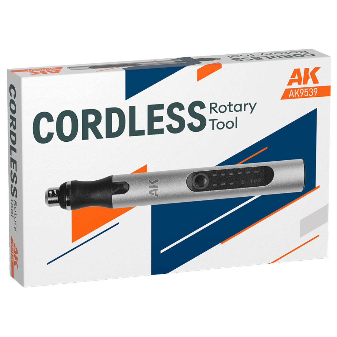 Box art depicting AK Interactive cordless rotary tool for miniature modelling, scale models, drilling and sanding hobby projects