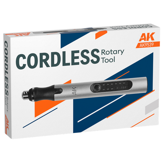 Box art depicting AK Interactive cordless rotary tool for miniature modelling, scale models, drilling and sanding hobby projects