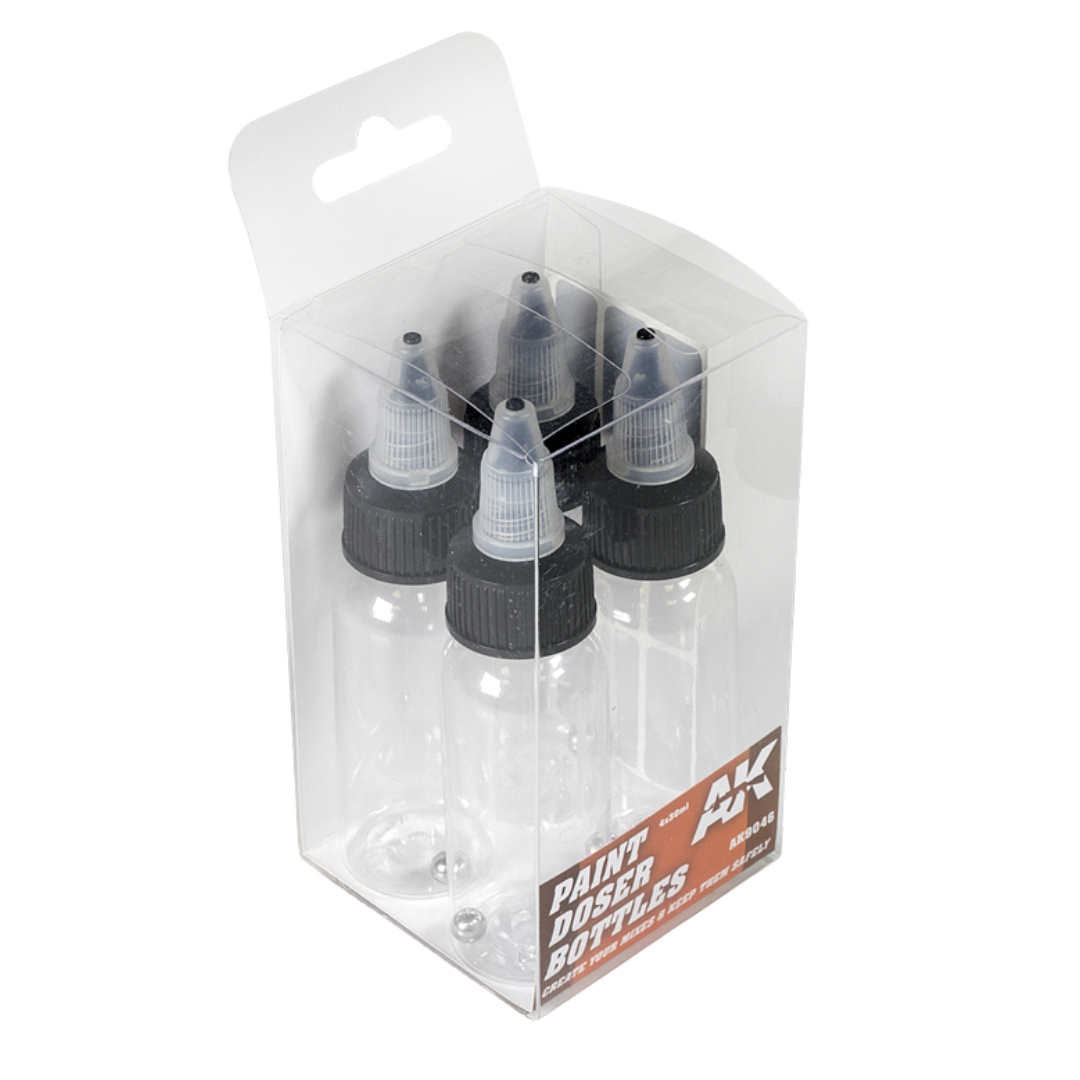 AK Interactive 30 ml paint doser bottles set of four with precision nozzles and mixing balls