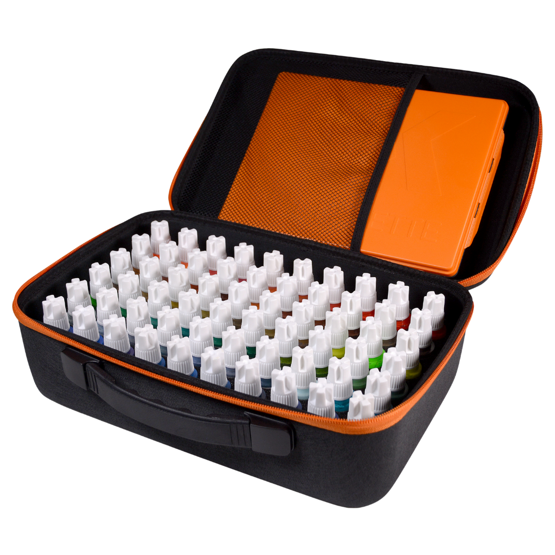 AK Interactive Special Transport Cloth Case with foam insert holding 60 hobby paint bottles for miniature and model painting storage