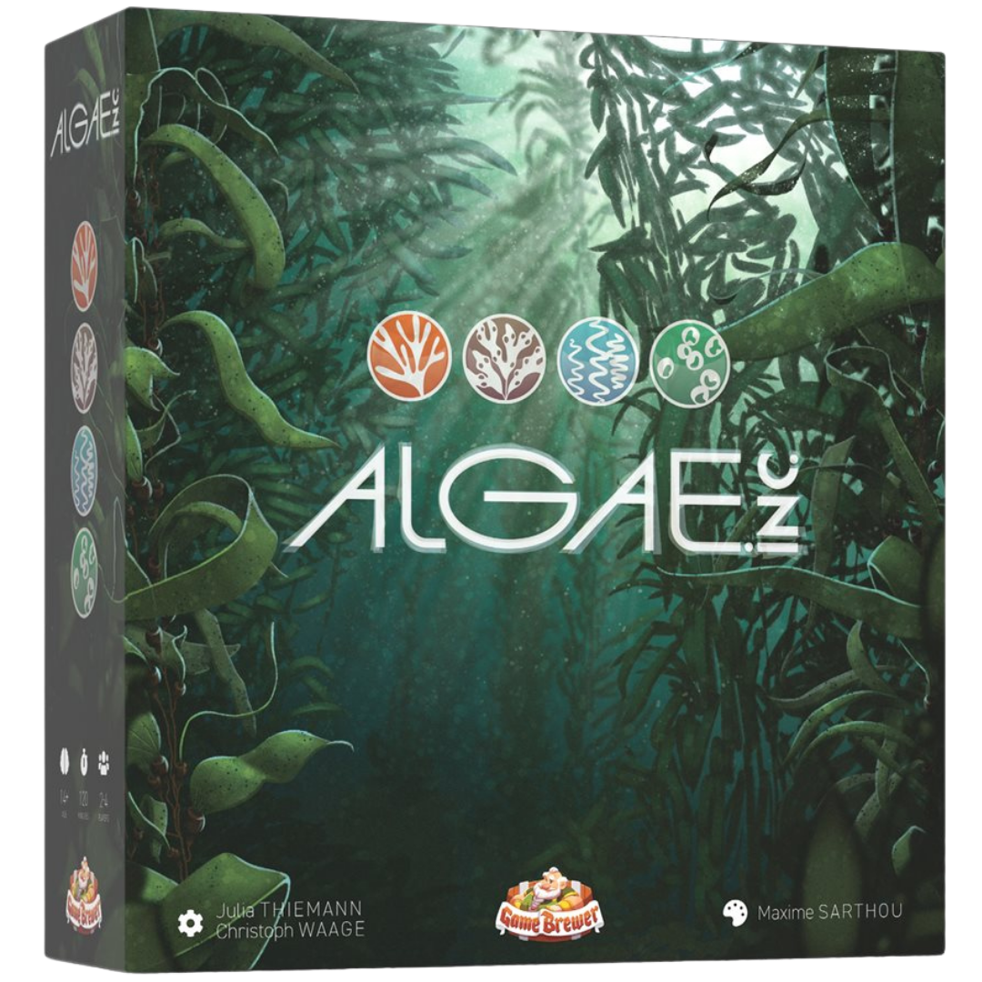 Algae Inc board game box and components for strategic economic tabletop gameplay