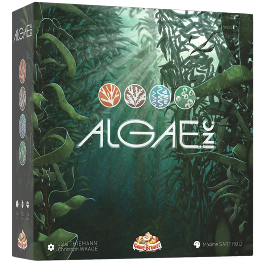 Algae Inc board game box and components for strategic economic tabletop gameplay
