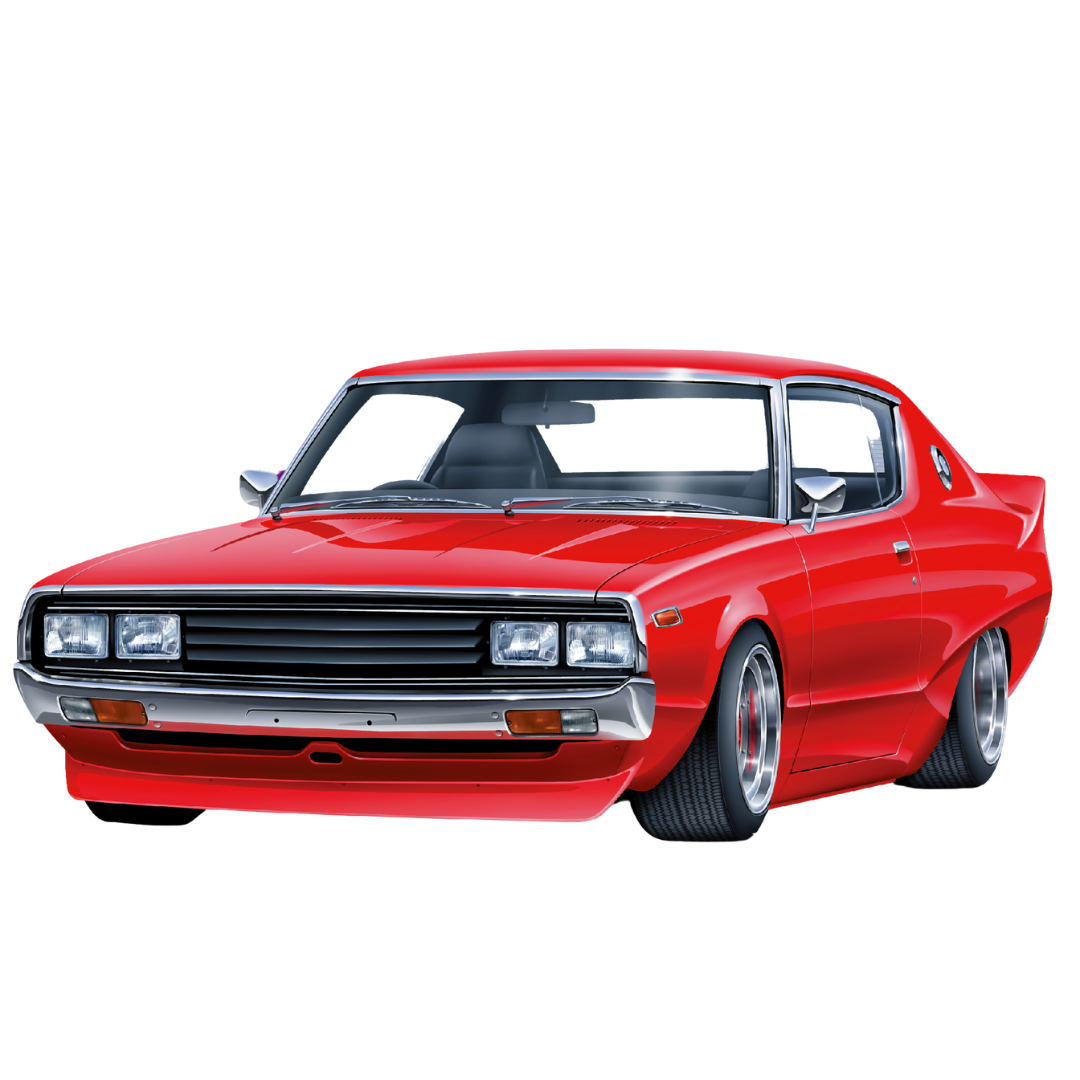 Aoshima 1/24 scale model kit of the Nissan Skyline H/T 2000GT-X featuring detailed bodywork, interior, and engine components for JDM car enthusiasts.