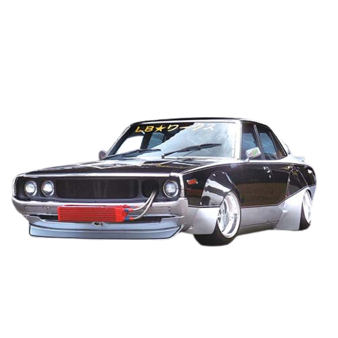 Aoshima 1/24 Scale Model Car Nissan Skyline Ken & Mary Works Liberty Walk in black and silver, featuring authentic details for model car enthusiasts.