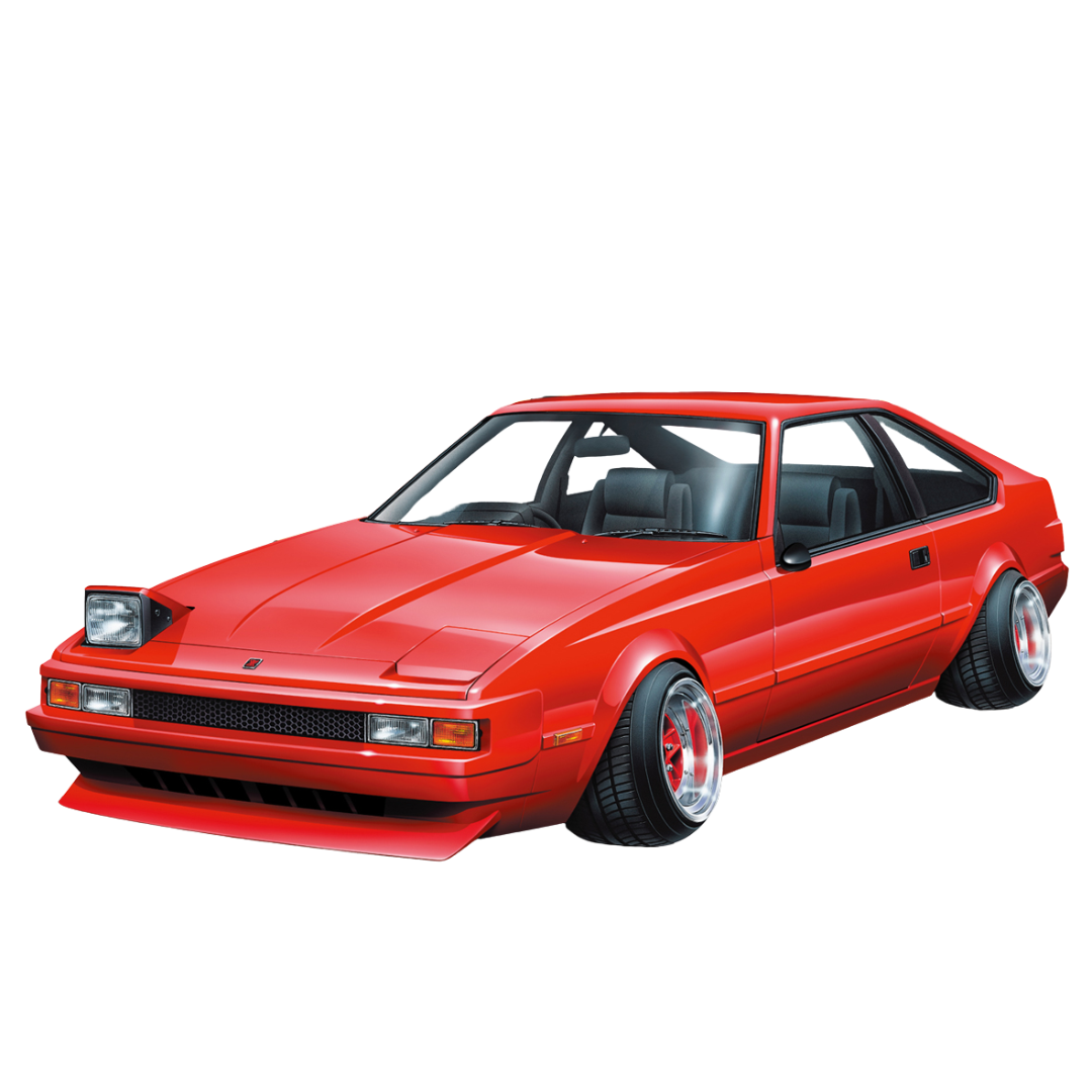 Aoshima 1/24 Scale Model Car Toyota Celica XX 2000GT TwinCam 24 in red, featuring authentic details and precision craftsmanship for model collectors.