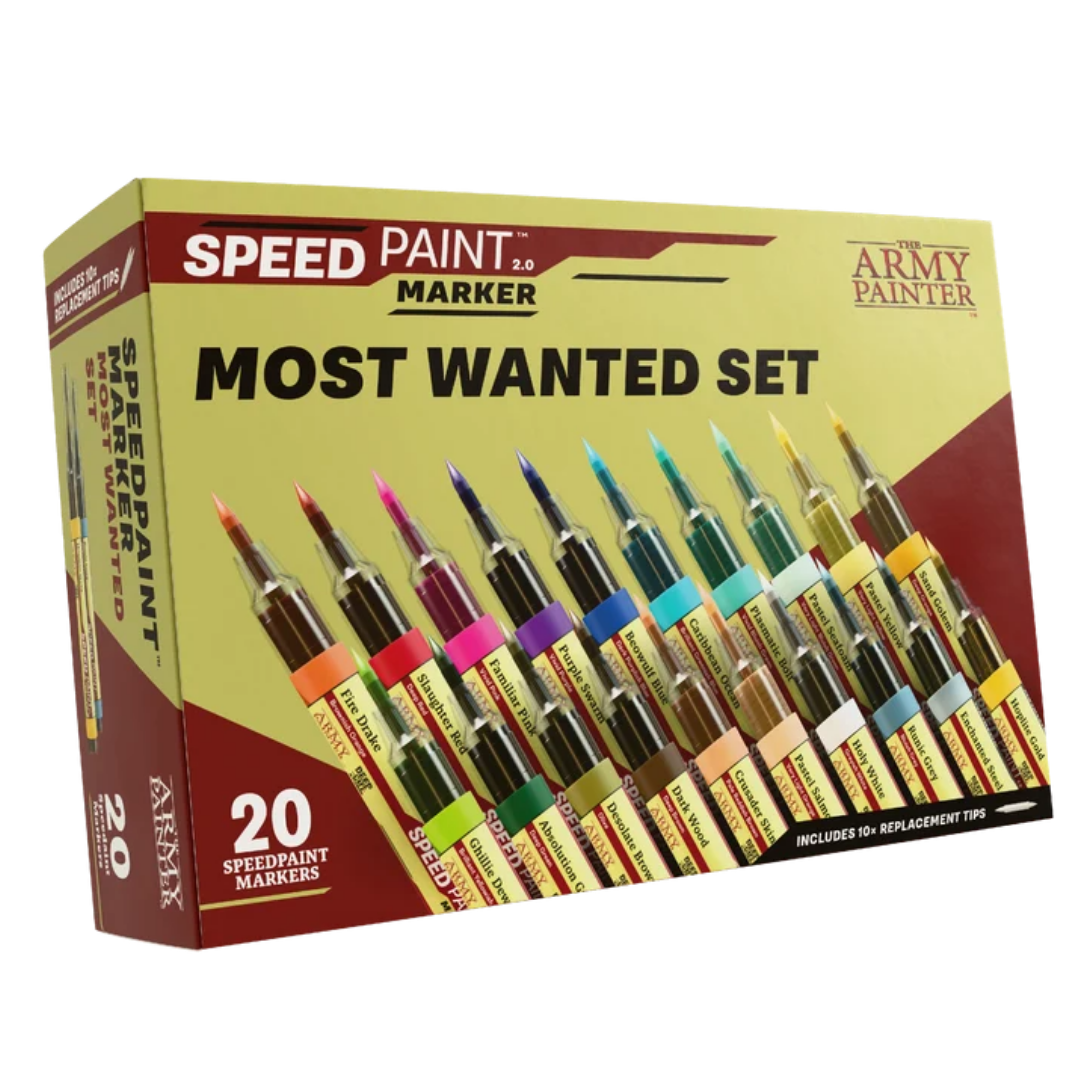The Army Painter Speedpaint Markers Most Wanted Set featuring 20 miniature painting markers and 10 replacement tips