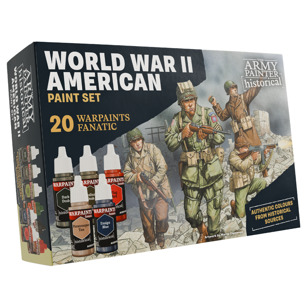 Army Painter WWII American Paint Set 20-color box, featuring authentic U.S. military tones for World War II miniatures and historical model painting.