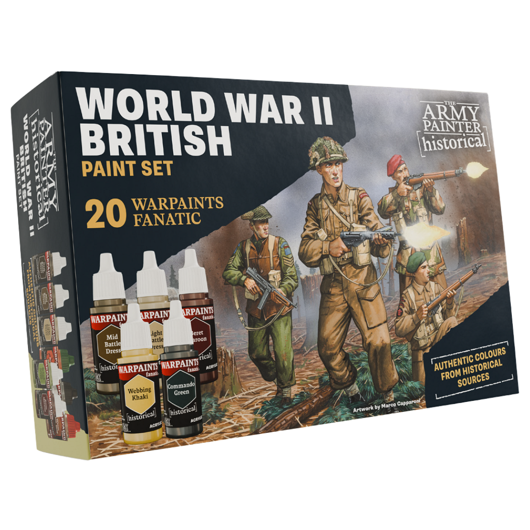 Army Painter WWII British Paint Set 20-color box, featuring accurate historical paints for WWII British miniatures, vehicles, and scale model projects.