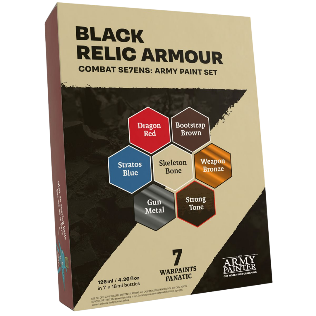 Army Painter Warpaints Fanatic Combat Se7ens Black Relic Armour paint set with 7 coordinated colours