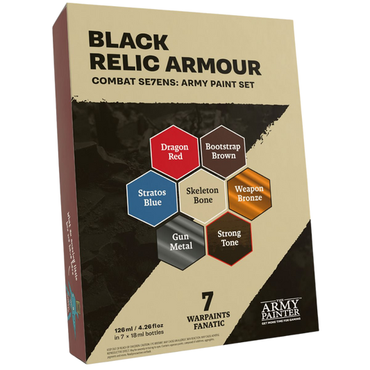 Army Painter Warpaints Fanatic Combat Se7ens Black Relic Armour paint set with 7 coordinated colours