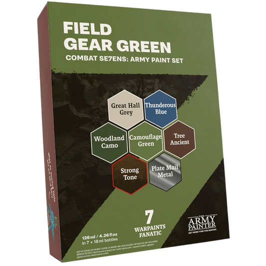 Army Painter Warpaints Fanatic Combat Se7ens Field Gear Green paint set with 7 coordinated colours