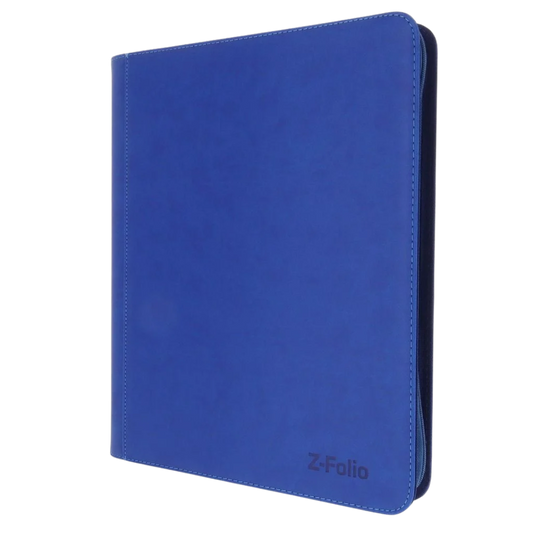 BCW 4-Pocket Z-Folio LX Toploader Album Blue, zippered card binder with padded cover and side-loading pages for secure toploader card storage.