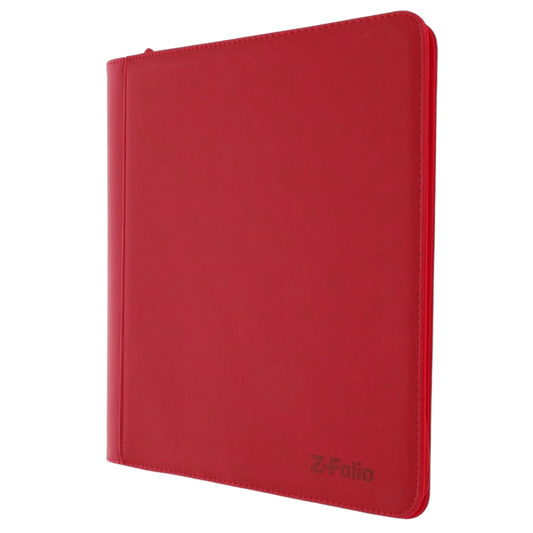 BCW 4-Pocket Z-Folio LX Toploader Album Red, zippered binder for storing and displaying up to 160 3x4 toploaded cards with padded cover and side-loading design.

