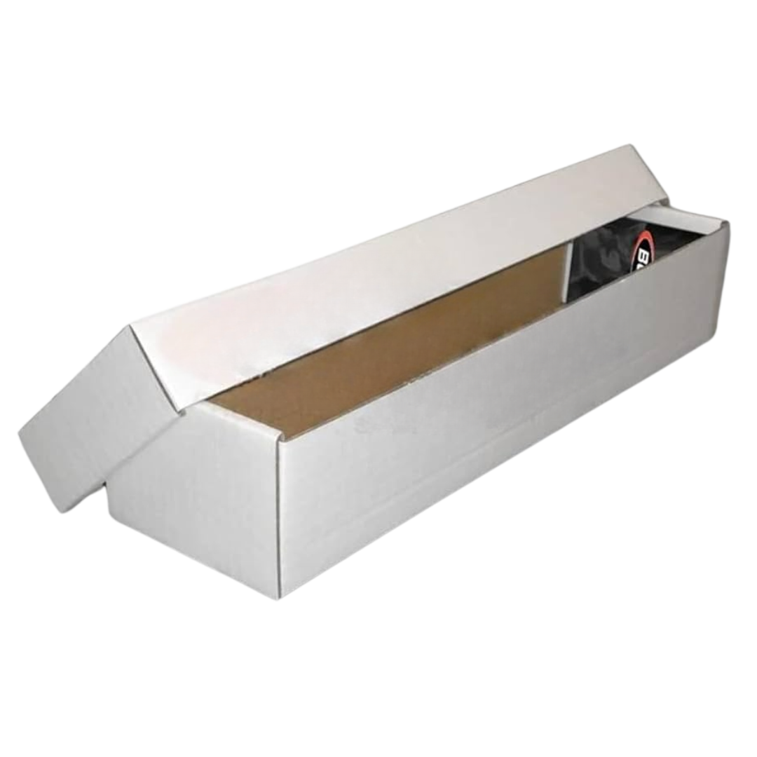 BCW 800-count cardboard storage box designed for trading cards, featuring a durable white exterior, easy-to-assemble design, and secure lid for card organization.