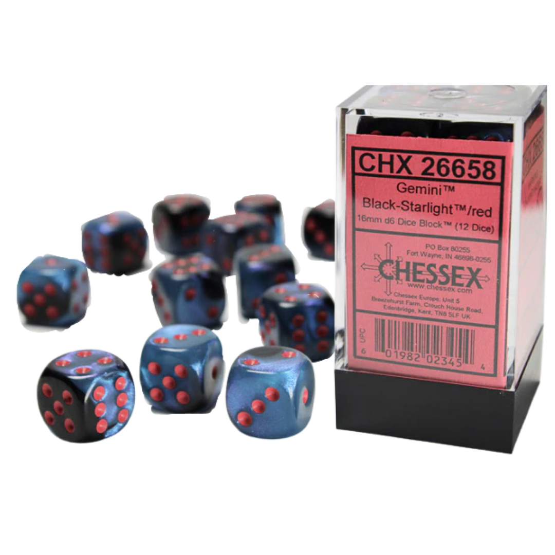Chessex - 12D6 - Gemini - Black-Starlight/Red Pips
