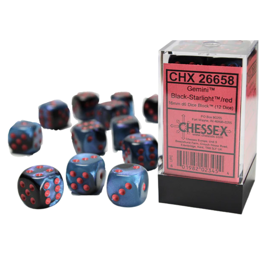 Chessex - 12D6 - Gemini - Black-Starlight/Red Pips