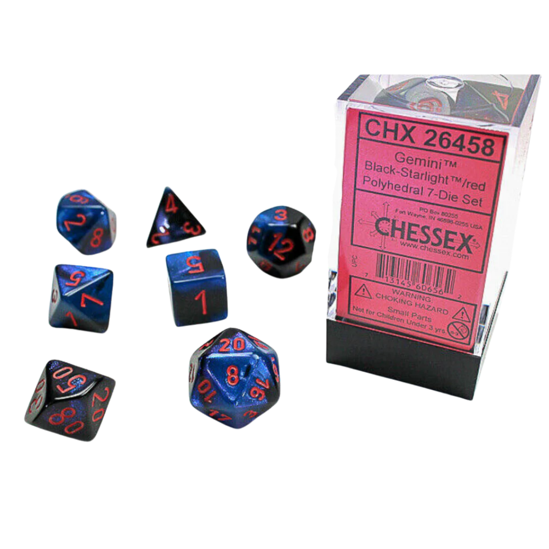 Chessex - 7PC - Gemini - Black-Starlight/Red Numbers