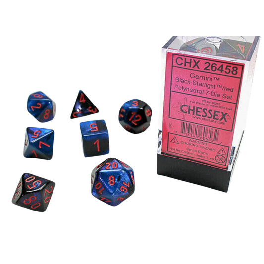 Chessex - 7PC - Gemini - Black-Starlight/Red Numbers