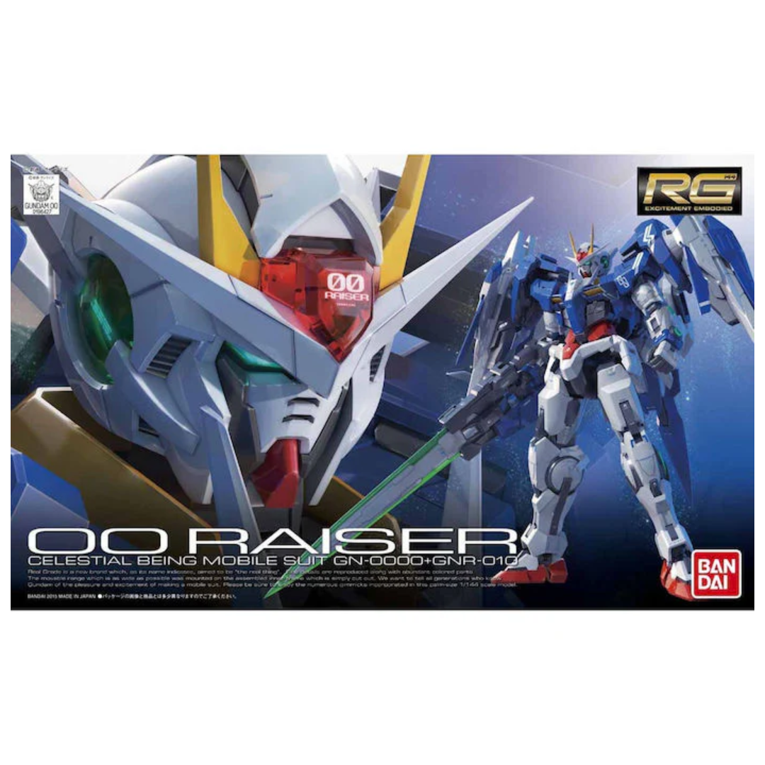 Bandai RG 00 Raiser model kit from Gundam 00 featuring detailed articulation, GN Sword III, GN Drives, and premium mechanical design