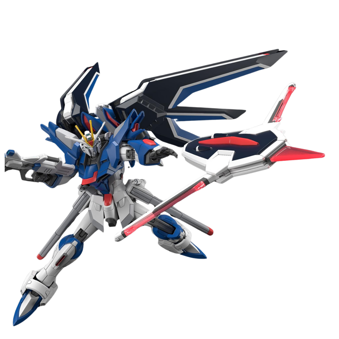 Bandai HG Rising Freedom Gundam model kit from Gundam SEED Freedom, featuring high articulation, beam rifle, and signature shield.