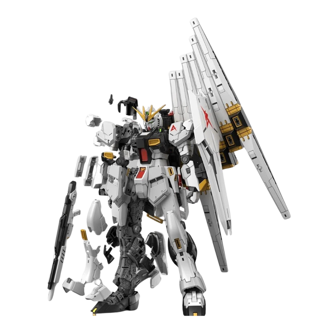 Full view of the RG #32 Nu Gundam with its iconic fin funnels deployed, representing its powerful design from Char's Counterattack.