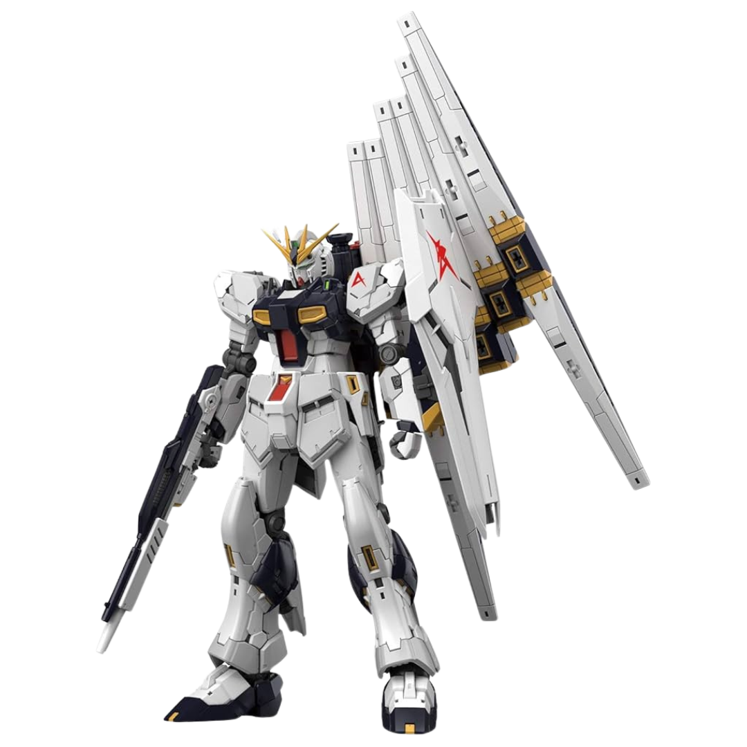 RG #32 Nu Gundam model kit from Char's Counterattack, highlighting its detailed armor and articulation for dynamic posing.