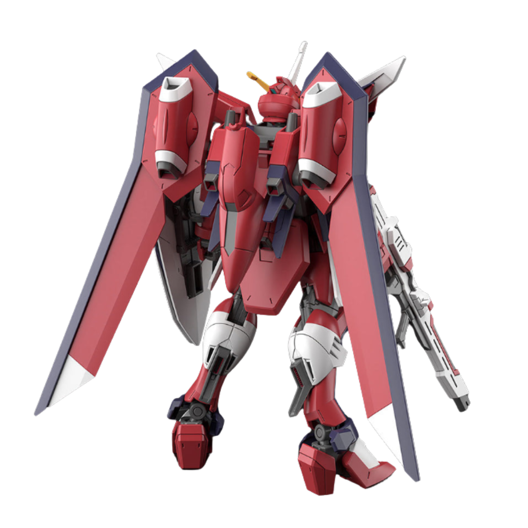 Bandai HG Immortal Justice Gundam model kit from Gundam SEED Freedom, featuring beam rifle, beam sabers, shield, and high articulation.