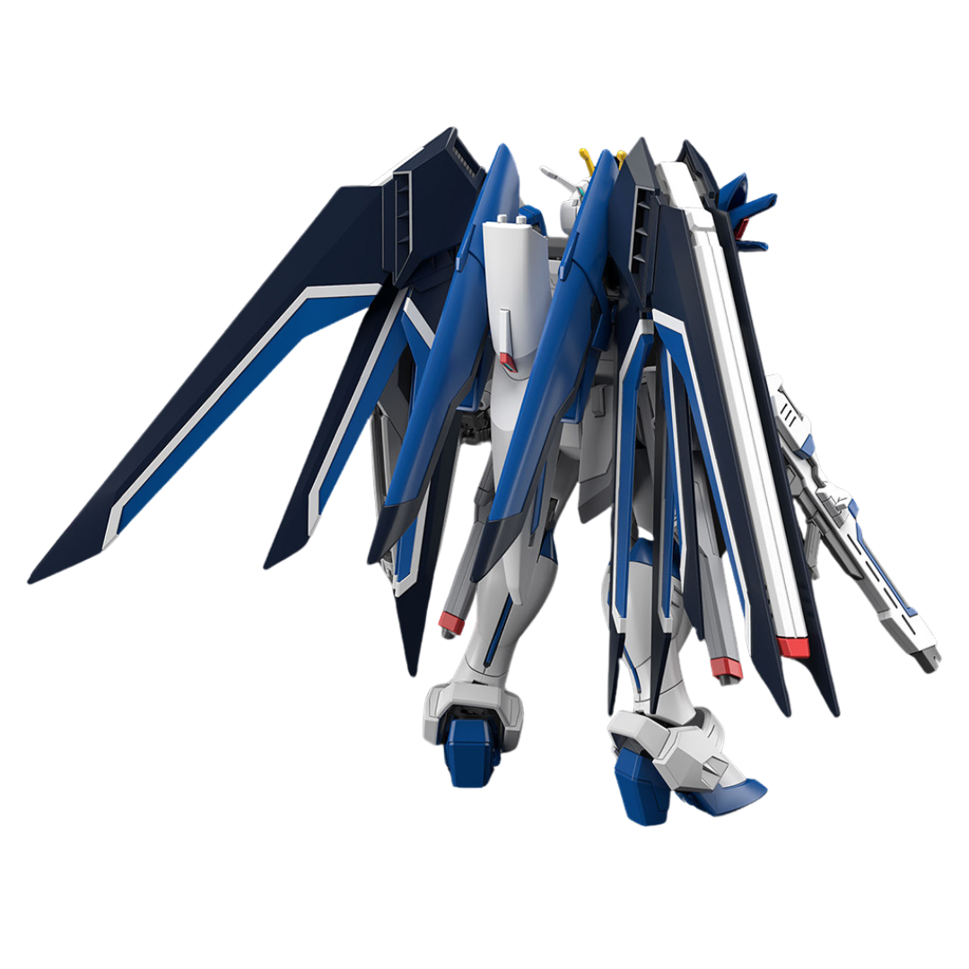 Bandai HG Rising Freedom Gundam model kit from Gundam SEED Freedom, featuring high articulation, beam rifle, and signature shield.