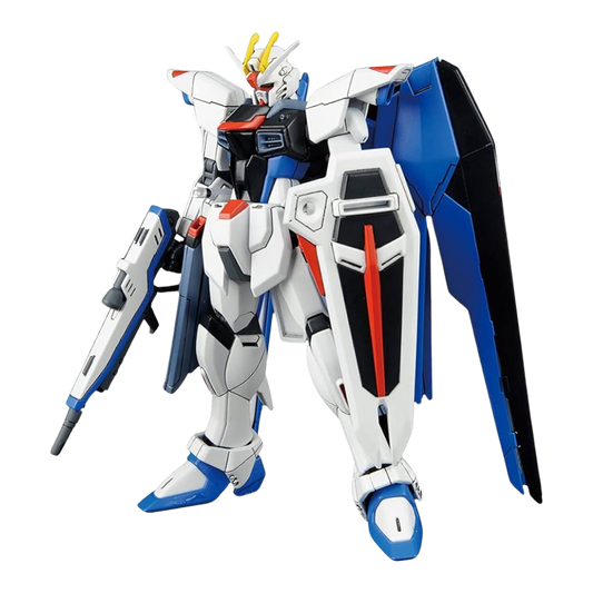 Bandai HG ZGMF-X10A Freedom Gundam model kit from Gundam SEED, featuring beam rifle, beam sabers, shield, and high articulation for dynamic posing.