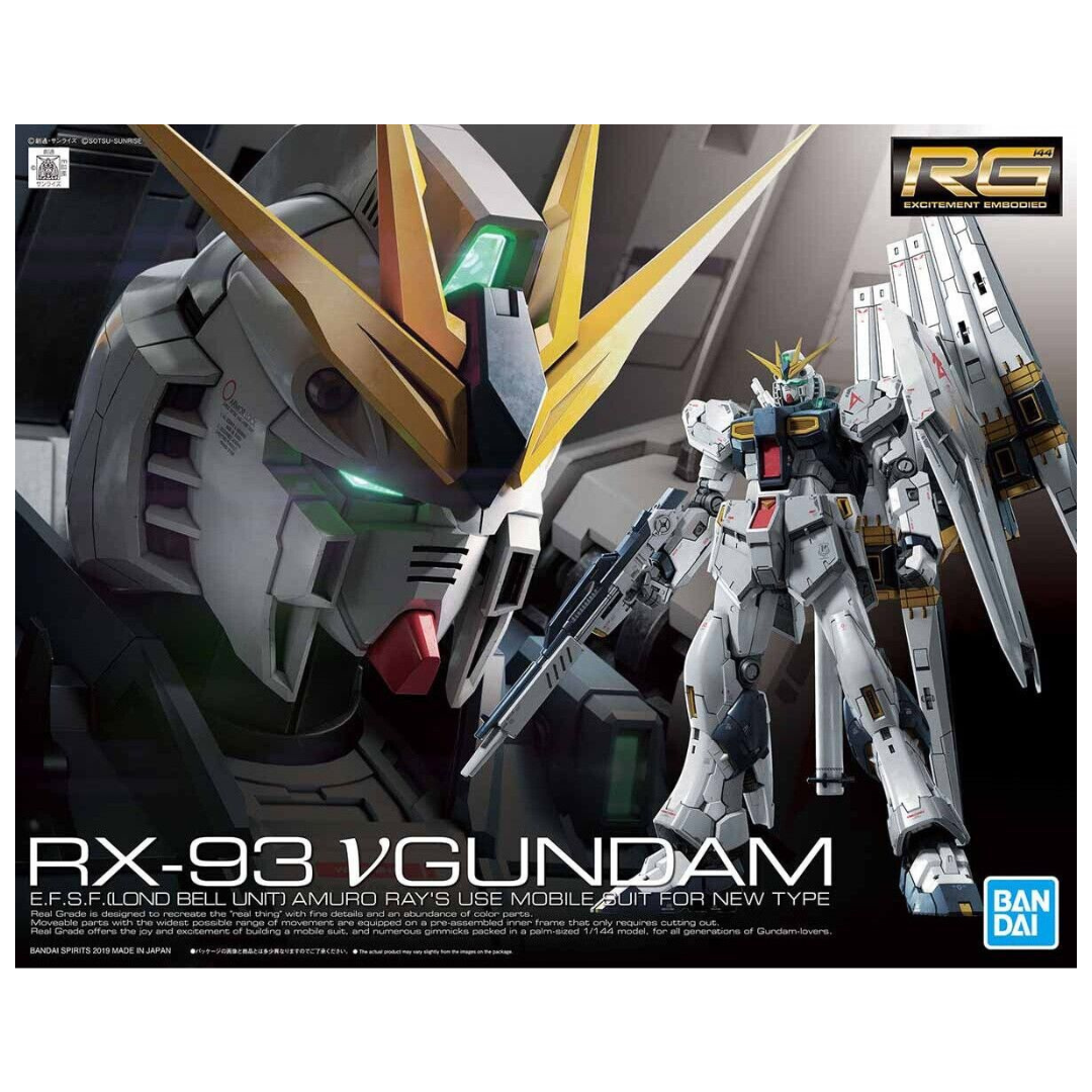 Bandai RG #32 Nu Gundam model kit from Char’s Counterattack, featuring advanced articulation, Fin Funnels, and high-detail engineering.