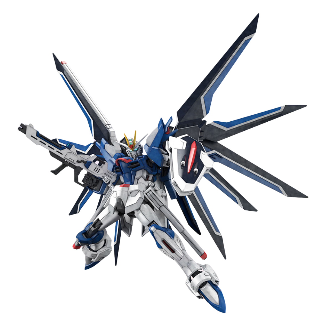 Bandai HG Rising Freedom Gundam model kit from Gundam SEED Freedom, featuring high articulation, beam rifle, and signature shield.