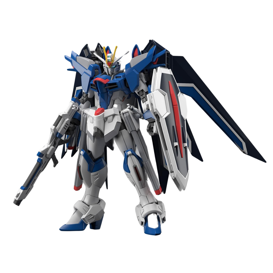 Bandai HG Rising Freedom Gundam model kit from Gundam SEED Freedom, featuring high articulation, beam rifle, and signature shield.
