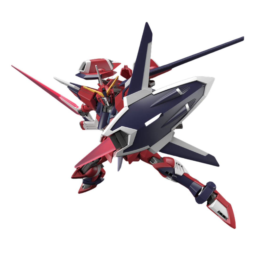 Bandai HG Immortal Justice Gundam model kit from Gundam SEED Freedom, featuring beam rifle, beam sabers, shield, and high articulation.